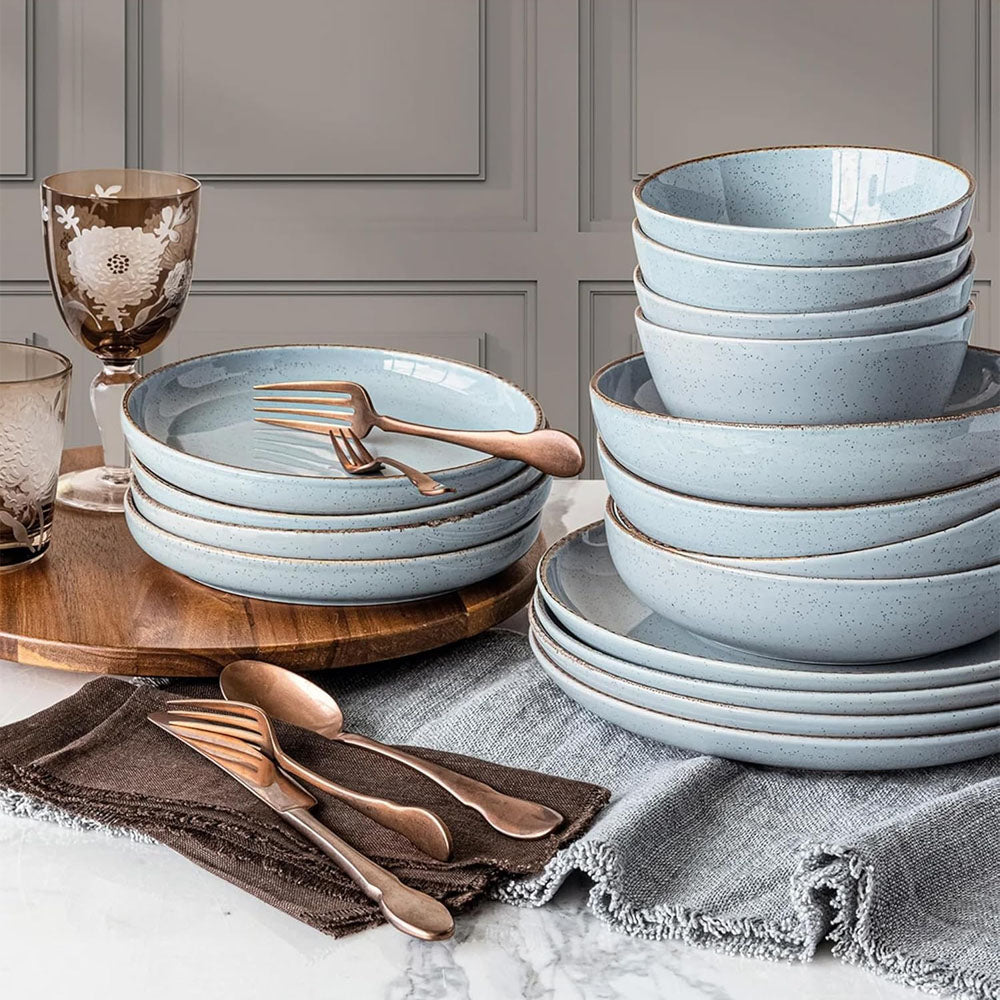 Over & Back 16 Piece Stoneware Dinnerware Set - 4 x Dinner Plates, 4 x Salad Plates,4 x Cereal Bowl, 4 x Dinner Bowl - Blue