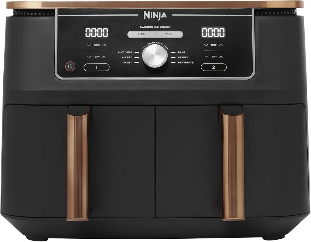 Ninja Foodi MAX Dual Zone Air Fryer, Tongs, 2 Drawers, 9.5L, 6-in-1, Use No Oil, Air Fry, Max Crisp, Roast, Bake, 8 Portions, Nonstick Dishwasher Safe Baskets, Copper/Black AF400UKCP