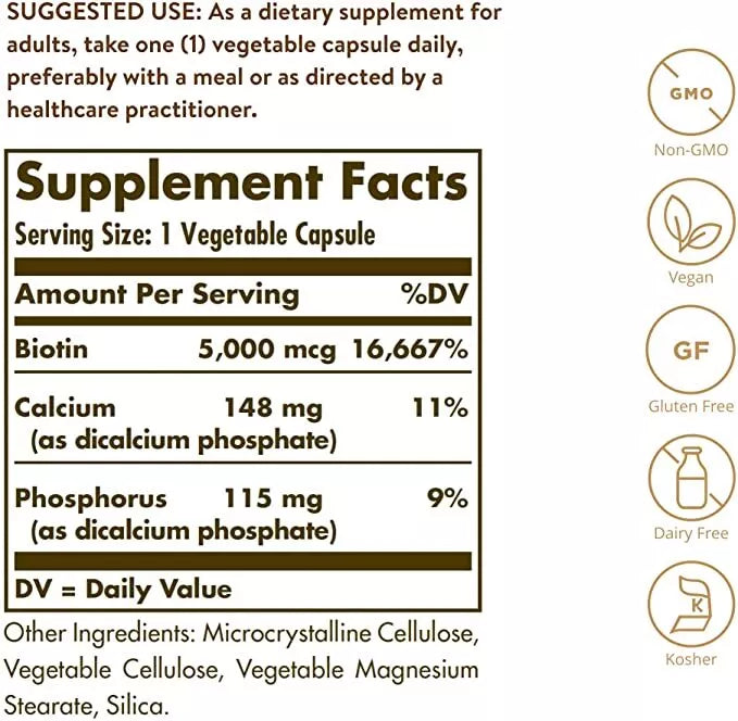 Solgar Biotin 5000 mg, 100 Vegetable Capsules