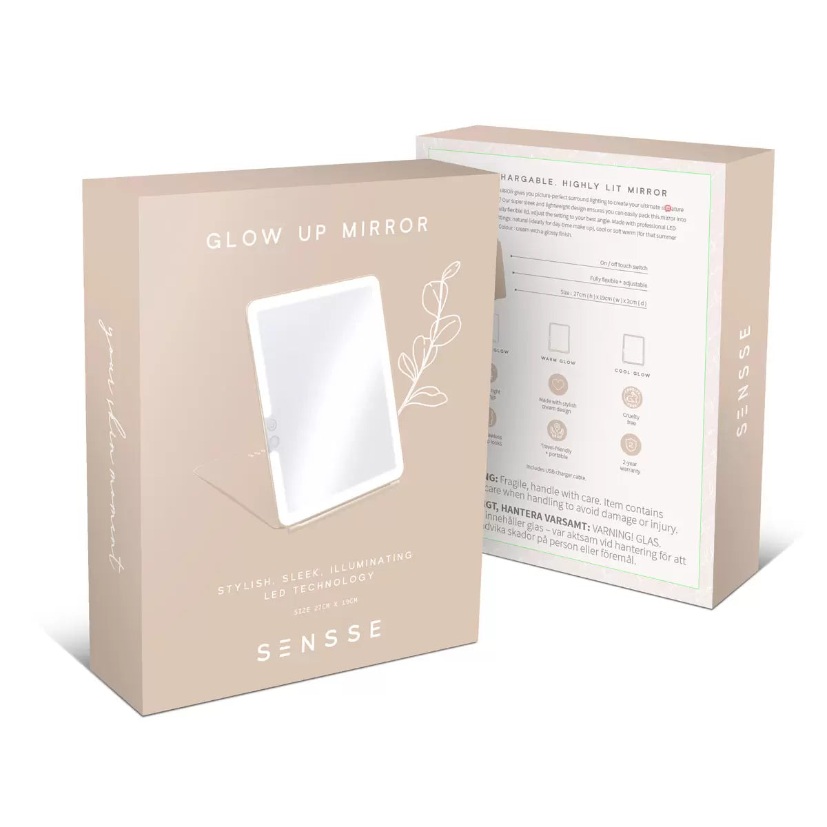 Sensse Glow Up Mirror, 27x19 cm, LED Touch Light Technology