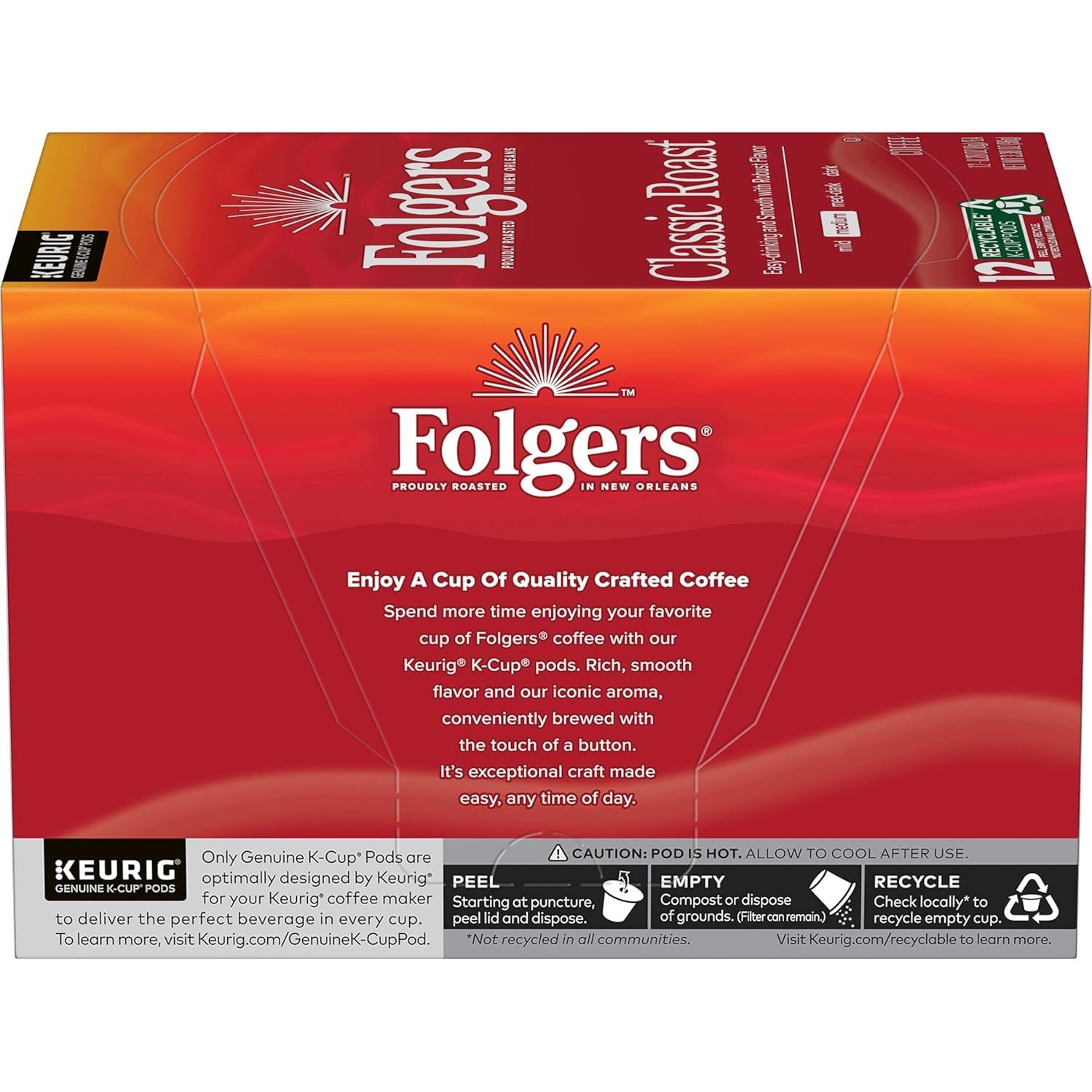 Folgers Classic Roast, Medium Roast Coffee, Keurig K-Cup Pods, 12 Count Boxes (Pack of 6)