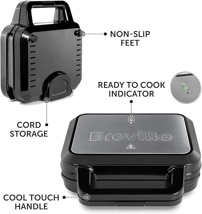 Breville 3-in-1 Ultimate Snack Maker | Deep Fill Toastie Maker, Waffle Maker & Panini Press | Removable Non-Stick Plates | Black & Stainless Steel [VST098]