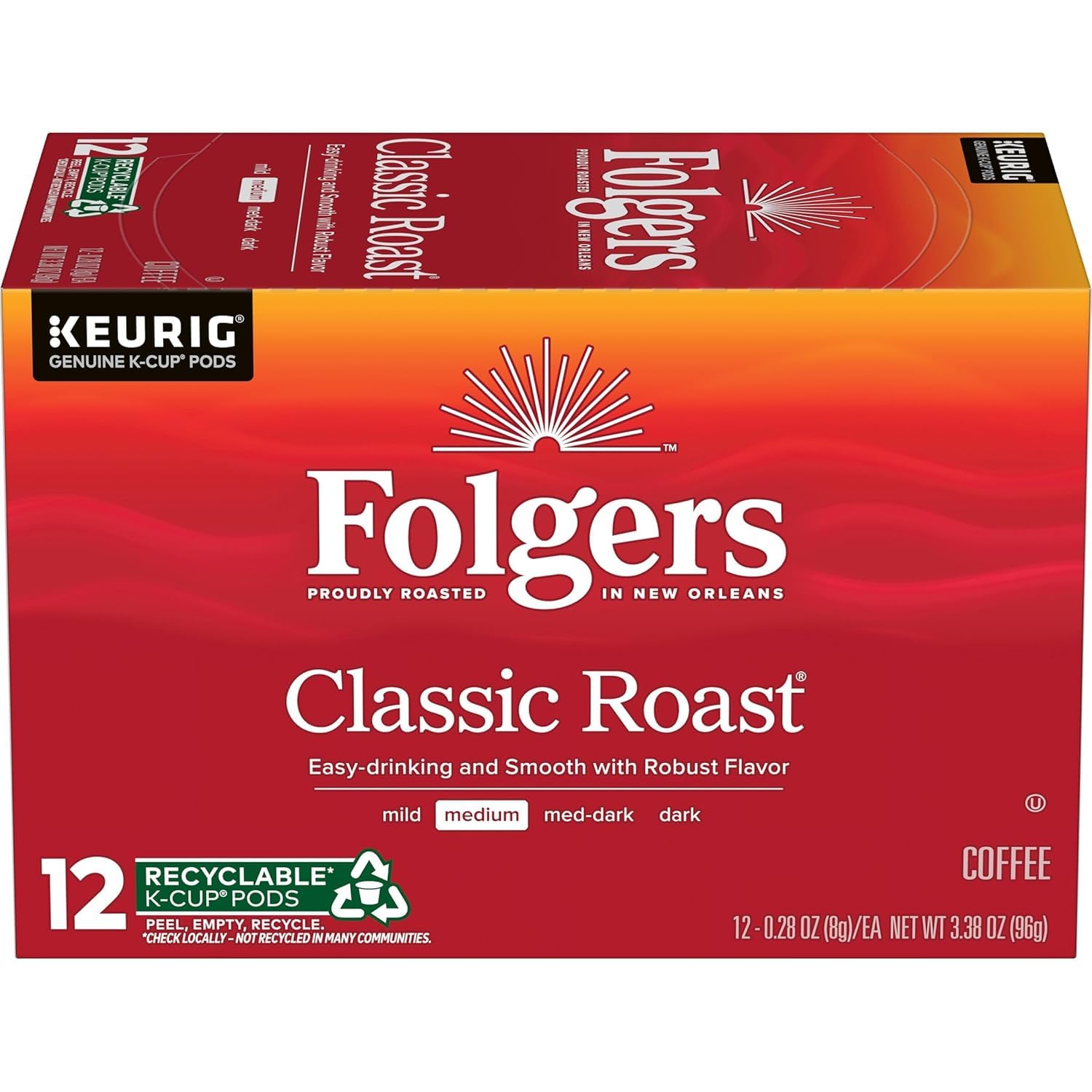 Folgers Classic Roast, Medium Roast Coffee, Keurig K-Cup Pods, 12 Count Boxes (Pack of 6)