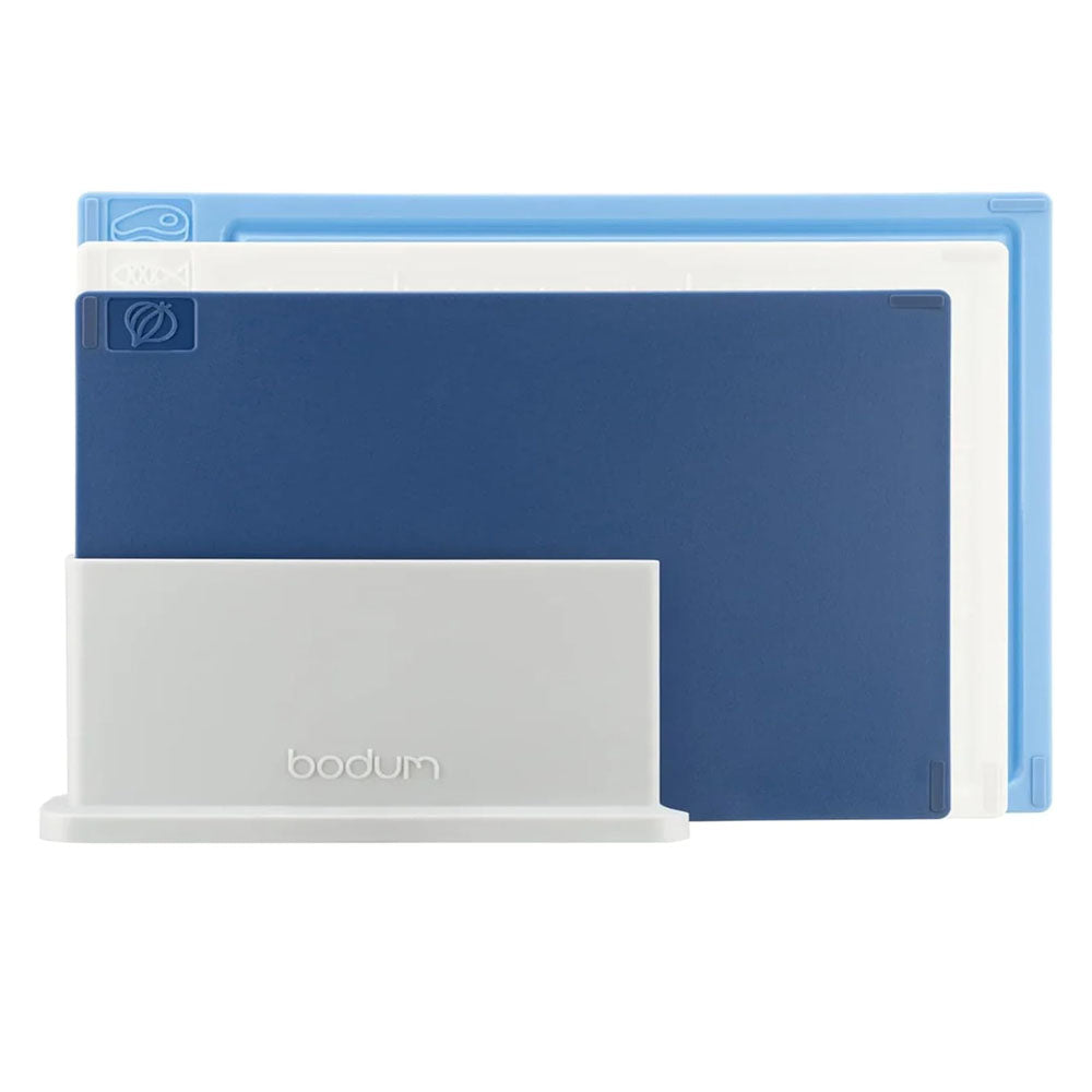 Bodum Bistro 3 Piece Color Coded Cutting Board Set With Holder – Durable, Dual Sided Kitchen Chopping Boards For Meat, Veggies, And Cheese - Dark Blue, White, Light Blue