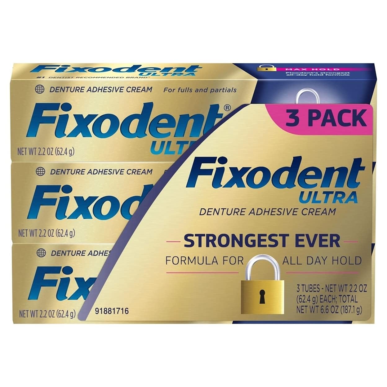 Fixodent Ultra Max Hold Dental Adhesive Cream - 2.2 Oz  (Pack of 3)