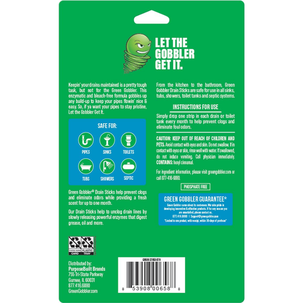 Green Gobbler Bio-Flow Drain Strips, Enzyme Drain Cleaner & Deodorizer – 12 Pack