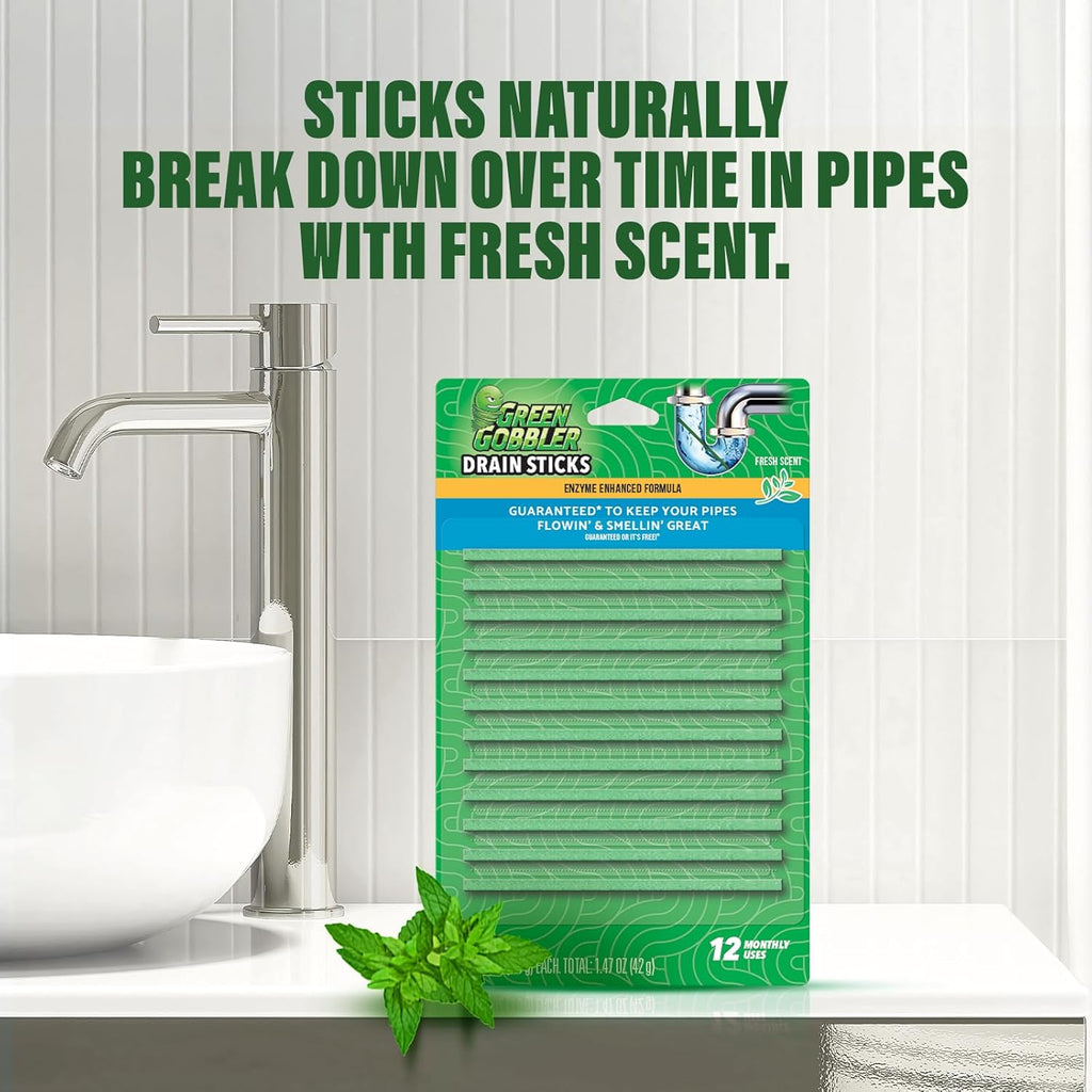 Green Gobbler Bio-Flow Drain Strips, Enzyme Drain Cleaner & Deodorizer – 12 Pack