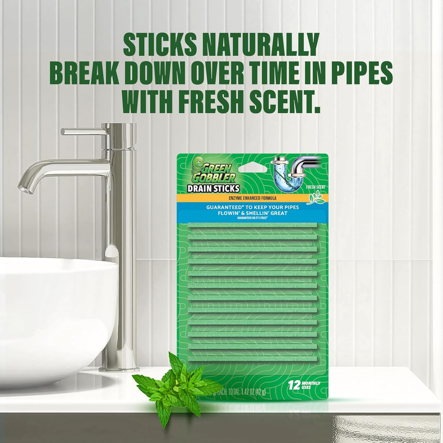 Green Gobbler Bio-Flow Drain Strips, Enzyme Drain Cleaner & Deodorizer – 12 Pack