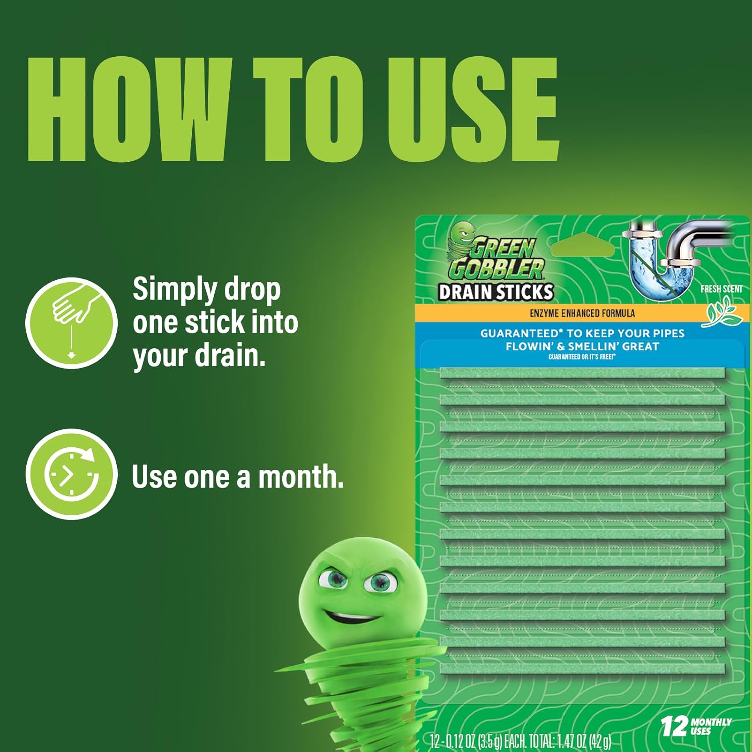 Green Gobbler Bio-Flow Drain Strips, Enzyme Drain Cleaner & Deodorizer – 12 Pack