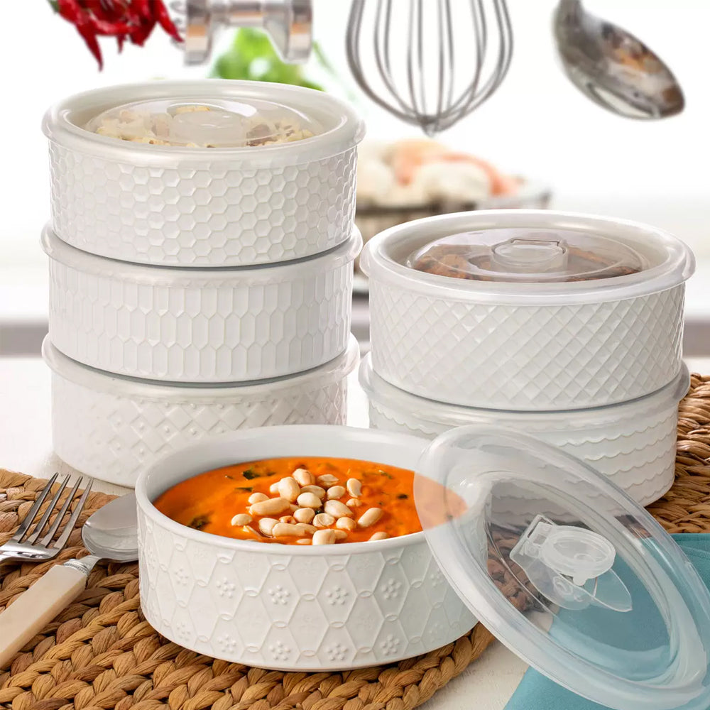 Signature Housewares 473ml Stoneware Bowls With Lids, Pack Of 6 - White (6 Individual Patterned Bowls)