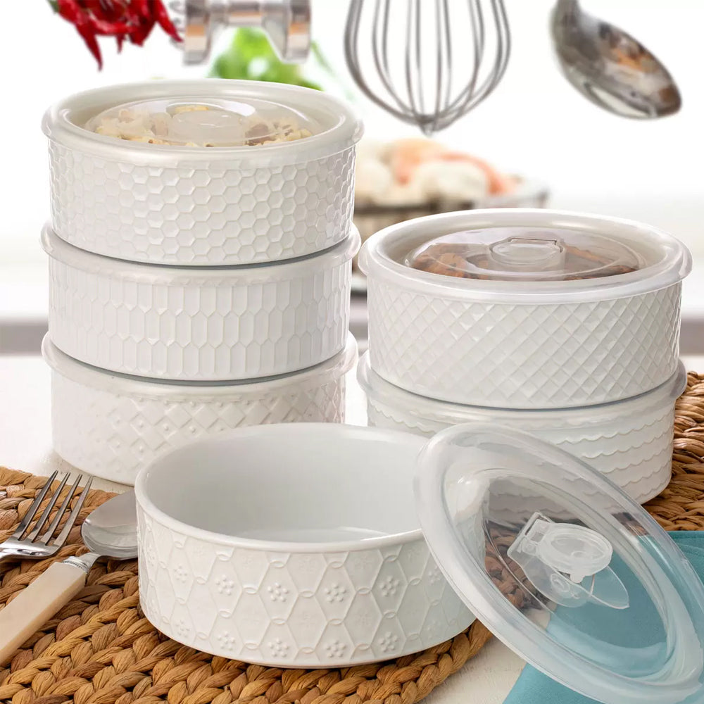 Signature Housewares 473ml Stoneware Bowls With Lids, Pack Of 6 - White (6 Individual Patterned Bowls)