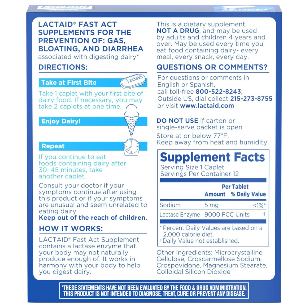 Lactaid Fast Act Lactase Enzyme Supplement, Twice As Ultra - 12 Caplets