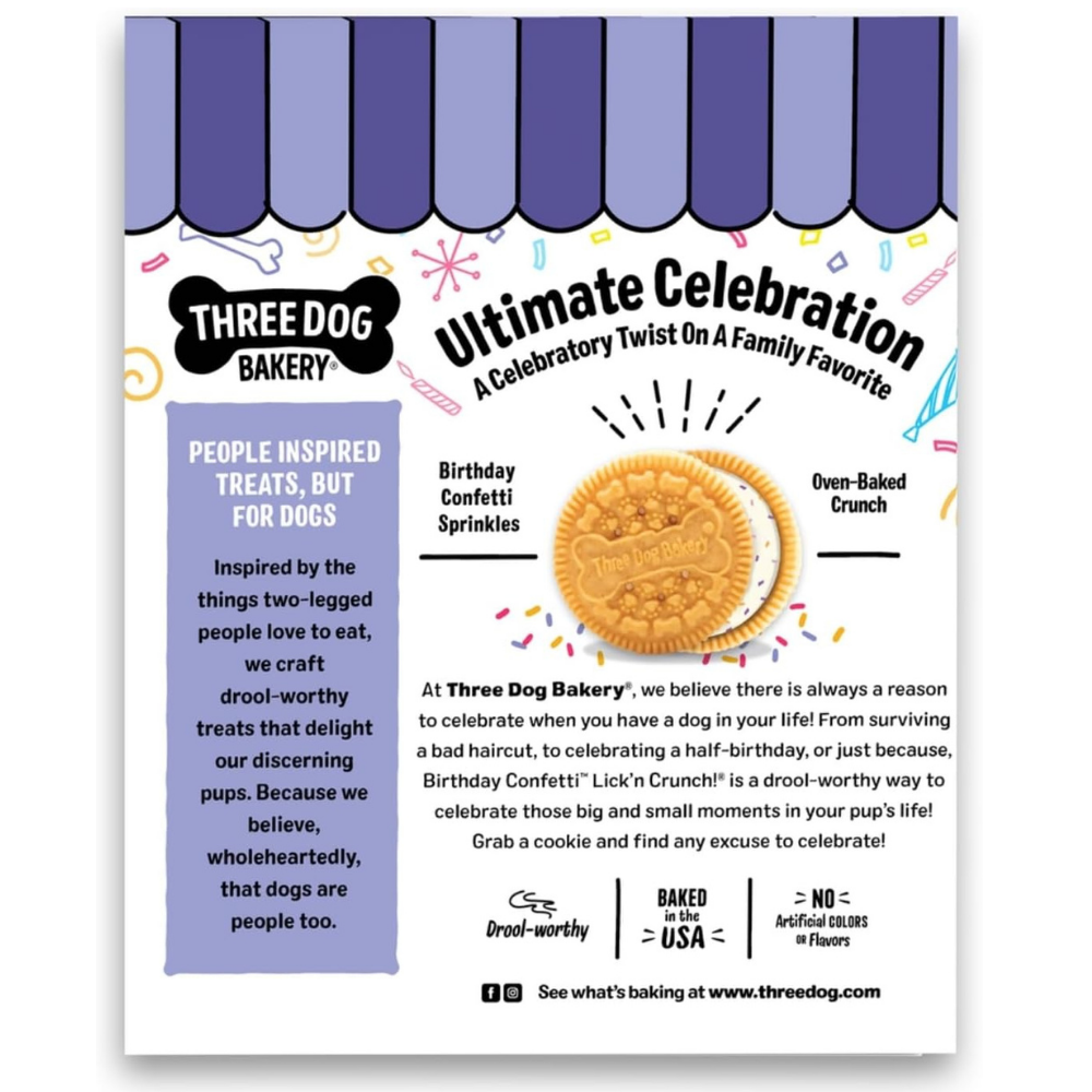 Three Dog Bakery Lick’n Crunch! Birthday Confetti Sandwich Cookies, Dog Treats (368.5g)