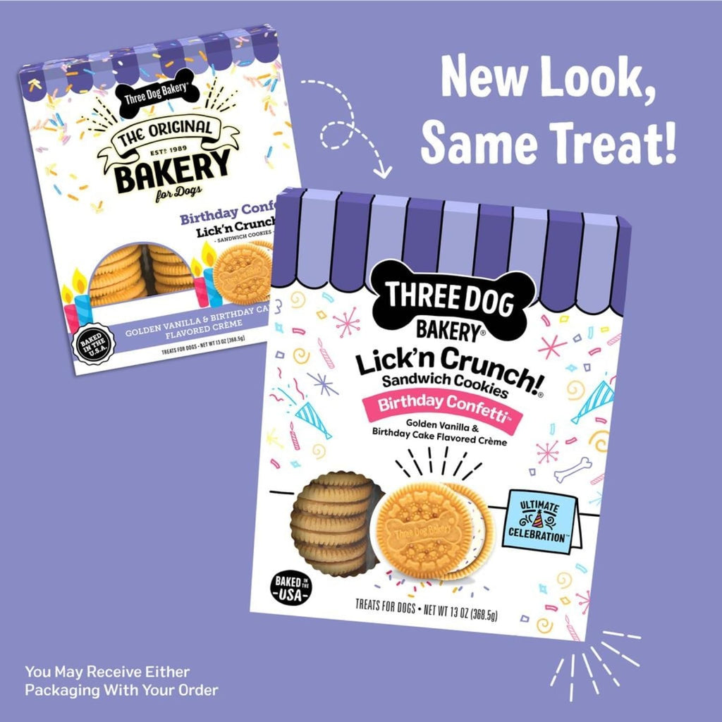 Three Dog Bakery Lick’n Crunch! Birthday Confetti Sandwich Cookies, Dog Treats (368.5g)