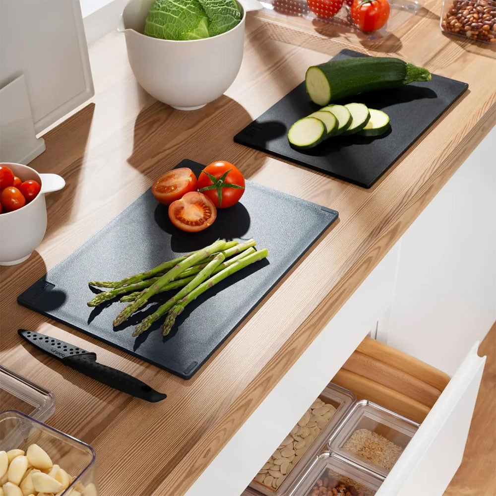Bodum Bistro 3 Piece Color Coded Cutting Board Set With Holder – Durable, Dual Sided Kitchen Chopping Boards For Meat, Veggies, And Cheese - Dark Blue, White, Light Blue