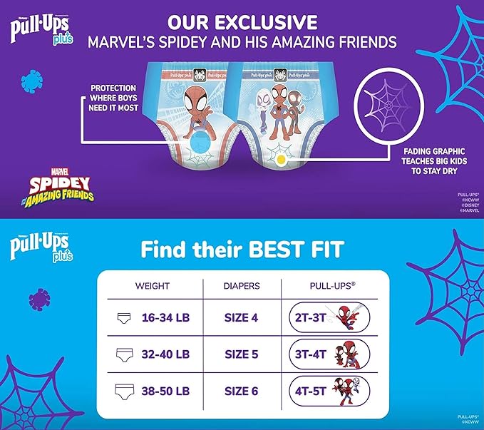 Huggies Pull-Ups Plus, 2T-3T (16-34 lbs. / 7-15Kg) Spider Man Themed 128 Count (For Boys)