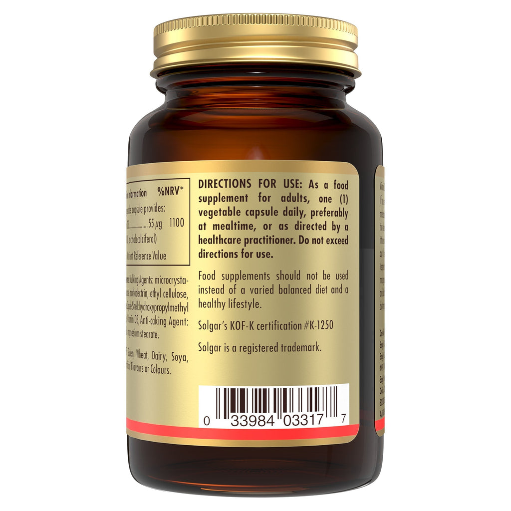 Solgar Vitamin D3 (Cholecalciferol) 2200 IU (55 µg), 100 Vegetable Capsules